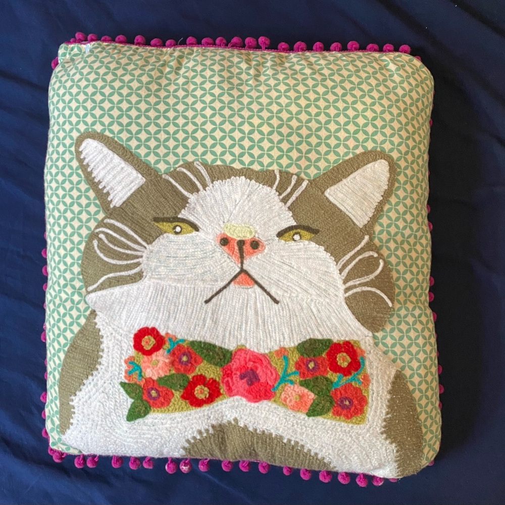 Cat with Floral Bowtie Pillow 18" x 18" embroidered karma living